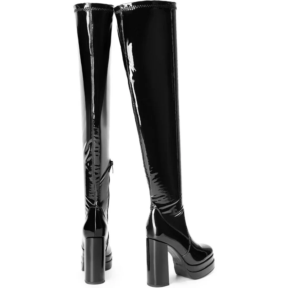 Women's Black-pat Polyurethane (PU) Square Toe Over The Knee Thigh High Boots